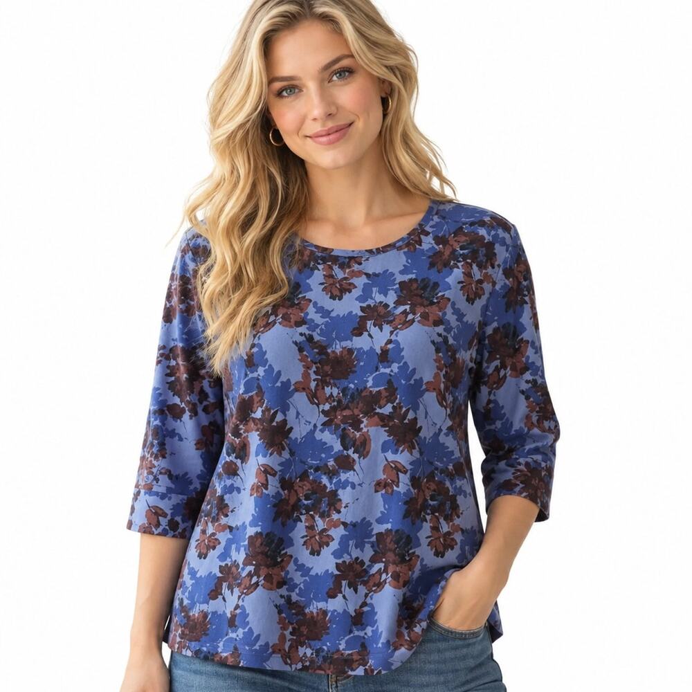 J. Jill Wearever Collection Floral Knit Top Womens XL Blue Brown 3/4 Sleeve Tee